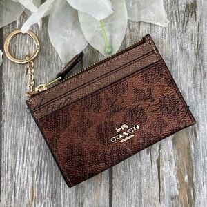 Coach Mini Skinny Keychain Id Case In Signature Canvas & Copper Metallic Wallet